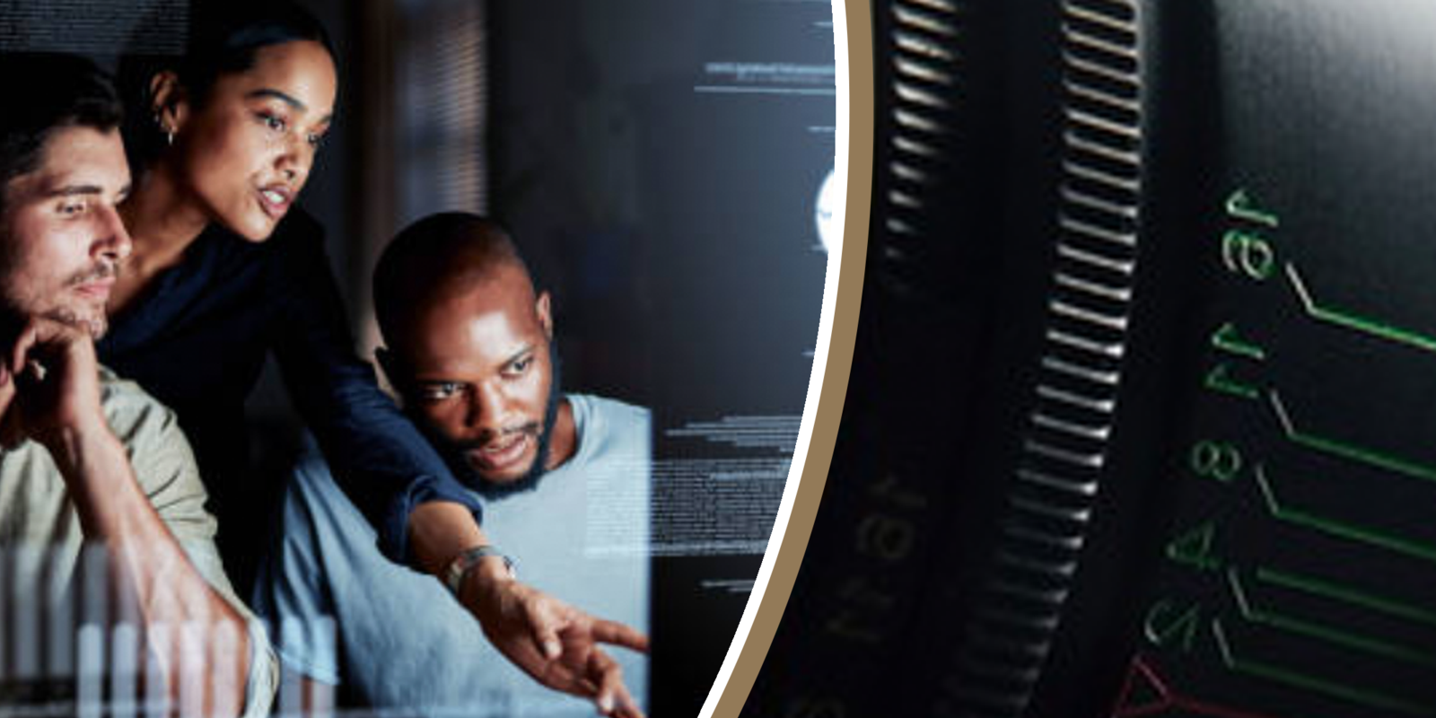 一个对准非裔美国男性的可调相机镜头, African American Female, and Caucasian male studying a computer screen. Source code overlaps the monitor.